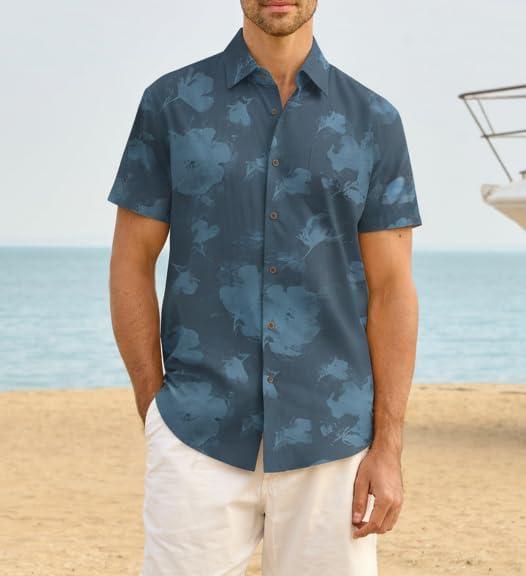 imageAlex Vando Mens Linen Blend Print Shirt Camp Collar Short Sleeve Beach Button Down Shirts MenNavy Flower