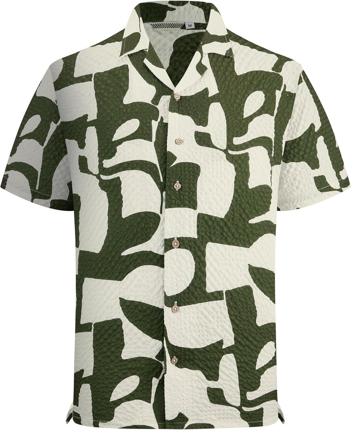 imageAlex Vando Mens Seersucker Print Button Down Short Sleeve Summer Beach ShirtsArmy Geometry