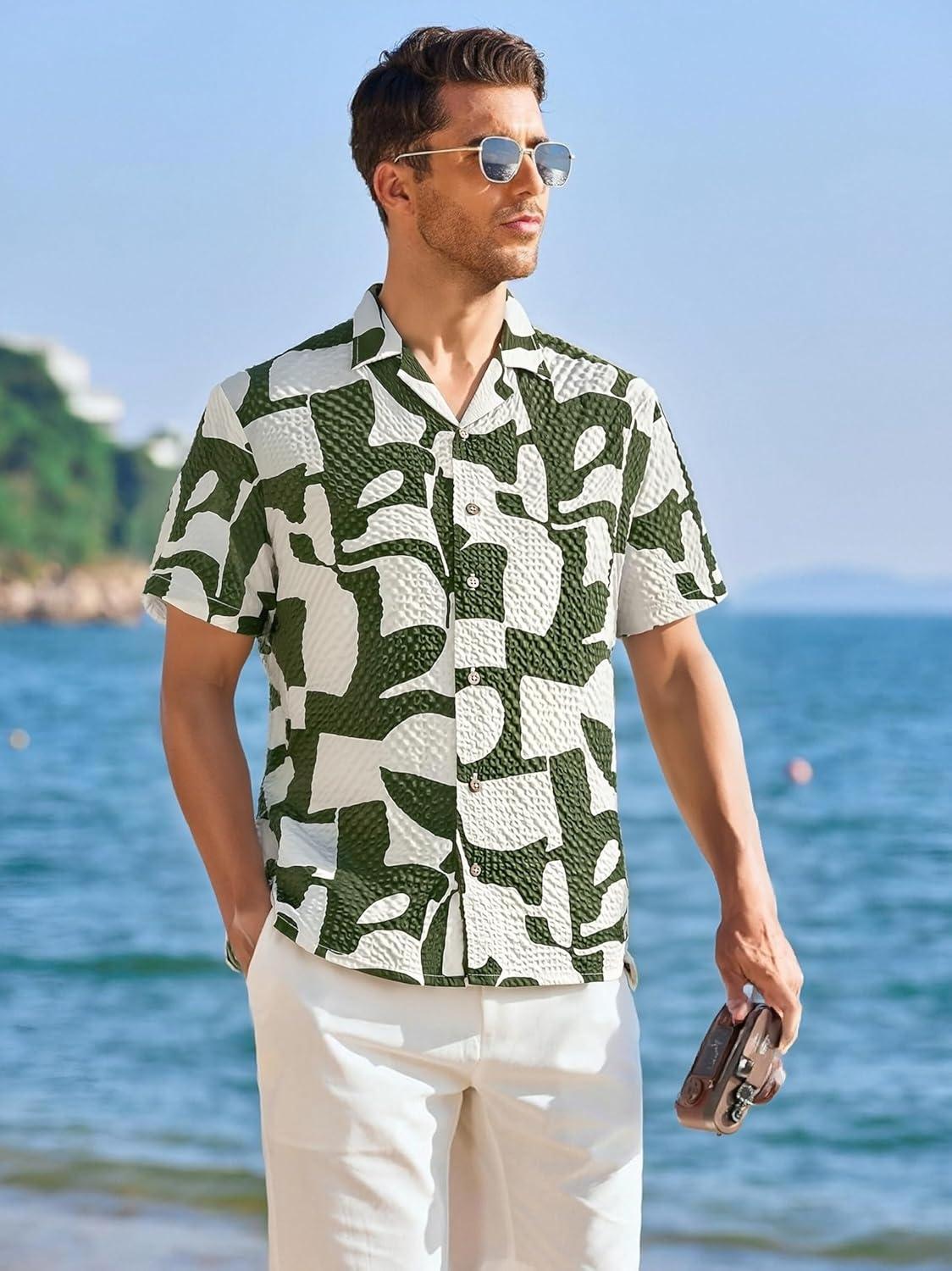imageAlex Vando Mens Seersucker Print Button Down Short Sleeve Summer Beach ShirtsArmy Geometry