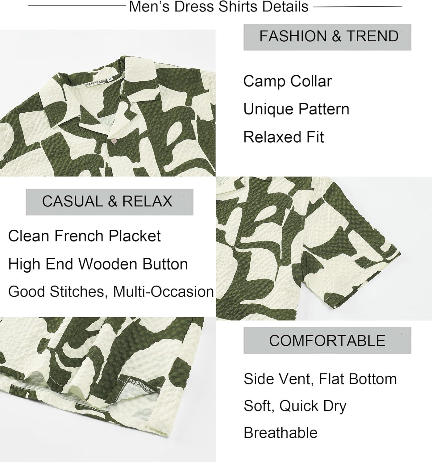 imageAlex Vando Mens Seersucker Print Button Down Short Sleeve Summer Beach ShirtsArmy Geometry