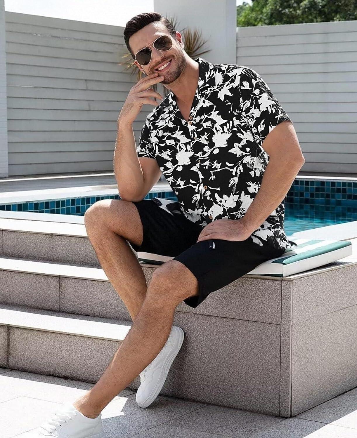 imageAlex Vando Mens Seersucker Print Button Down Short Sleeve Summer Beach ShirtsBlack Leaf