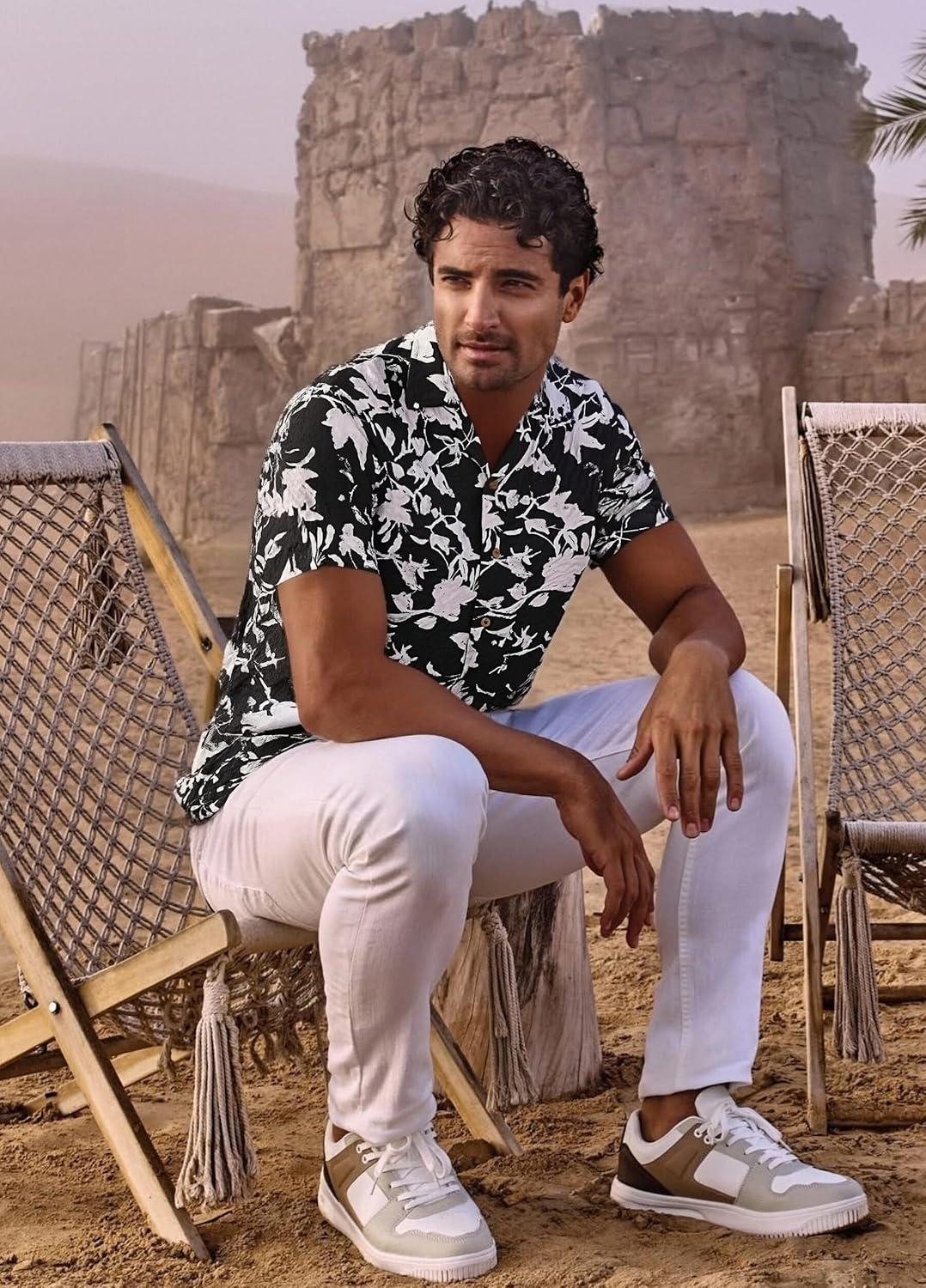 imageAlex Vando Mens Seersucker Print Button Down Short Sleeve Summer Beach ShirtsBlack Leaf