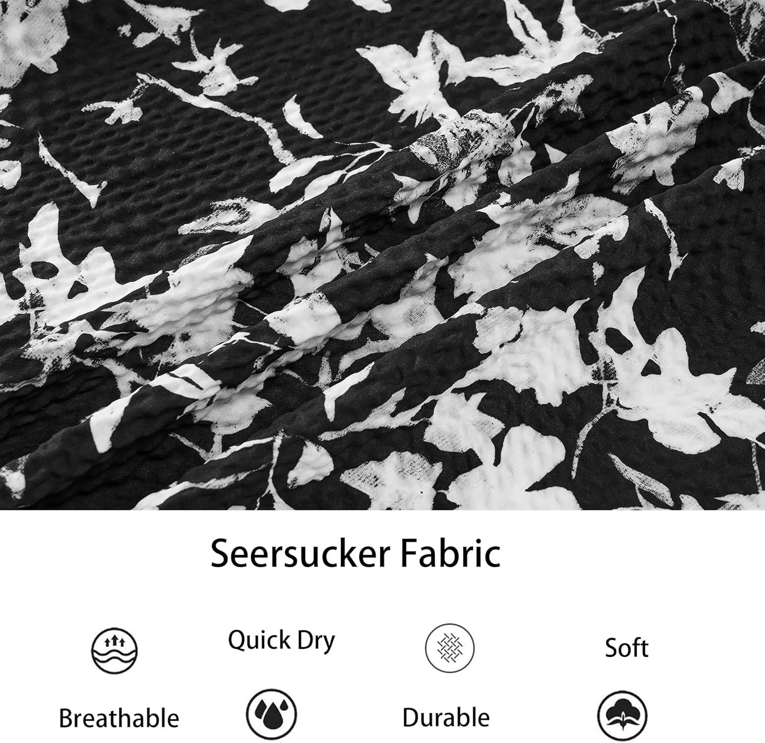 imageAlex Vando Mens Seersucker Print Button Down Short Sleeve Summer Beach ShirtsBlack Leaf