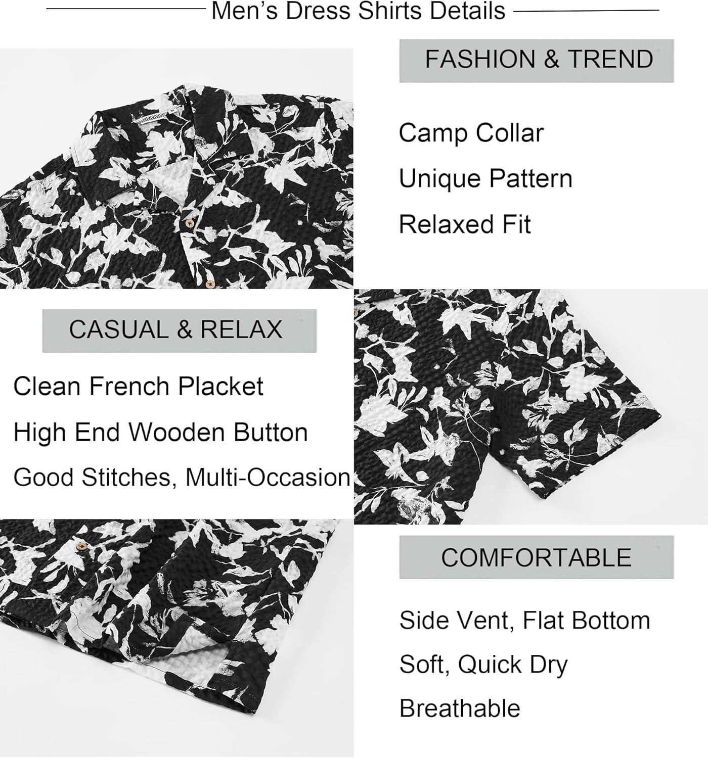 imageAlex Vando Mens Seersucker Print Button Down Short Sleeve Summer Beach ShirtsBlack Leaf