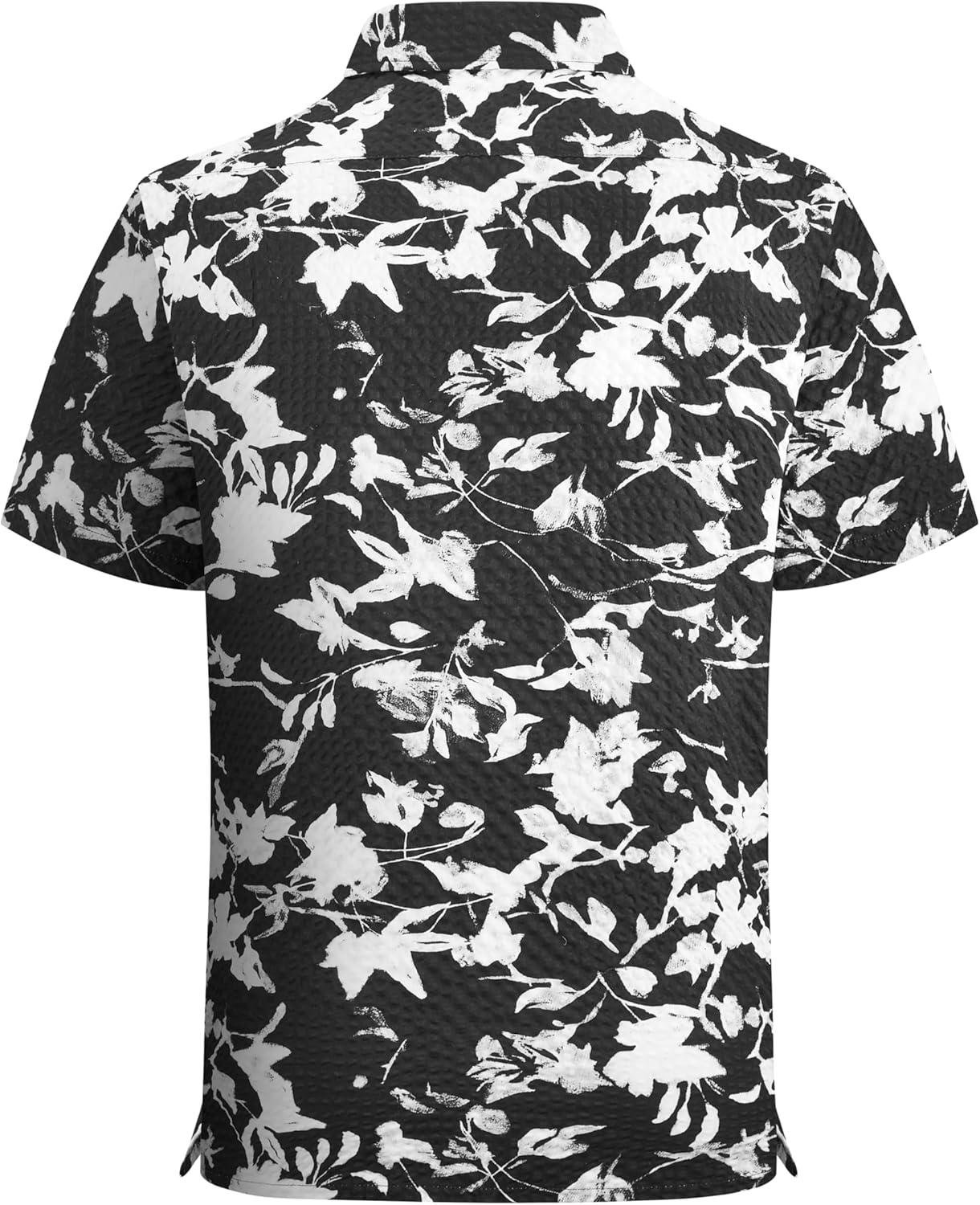 imageAlex Vando Mens Seersucker Print Button Down Short Sleeve Summer Beach ShirtsBlack Leaf