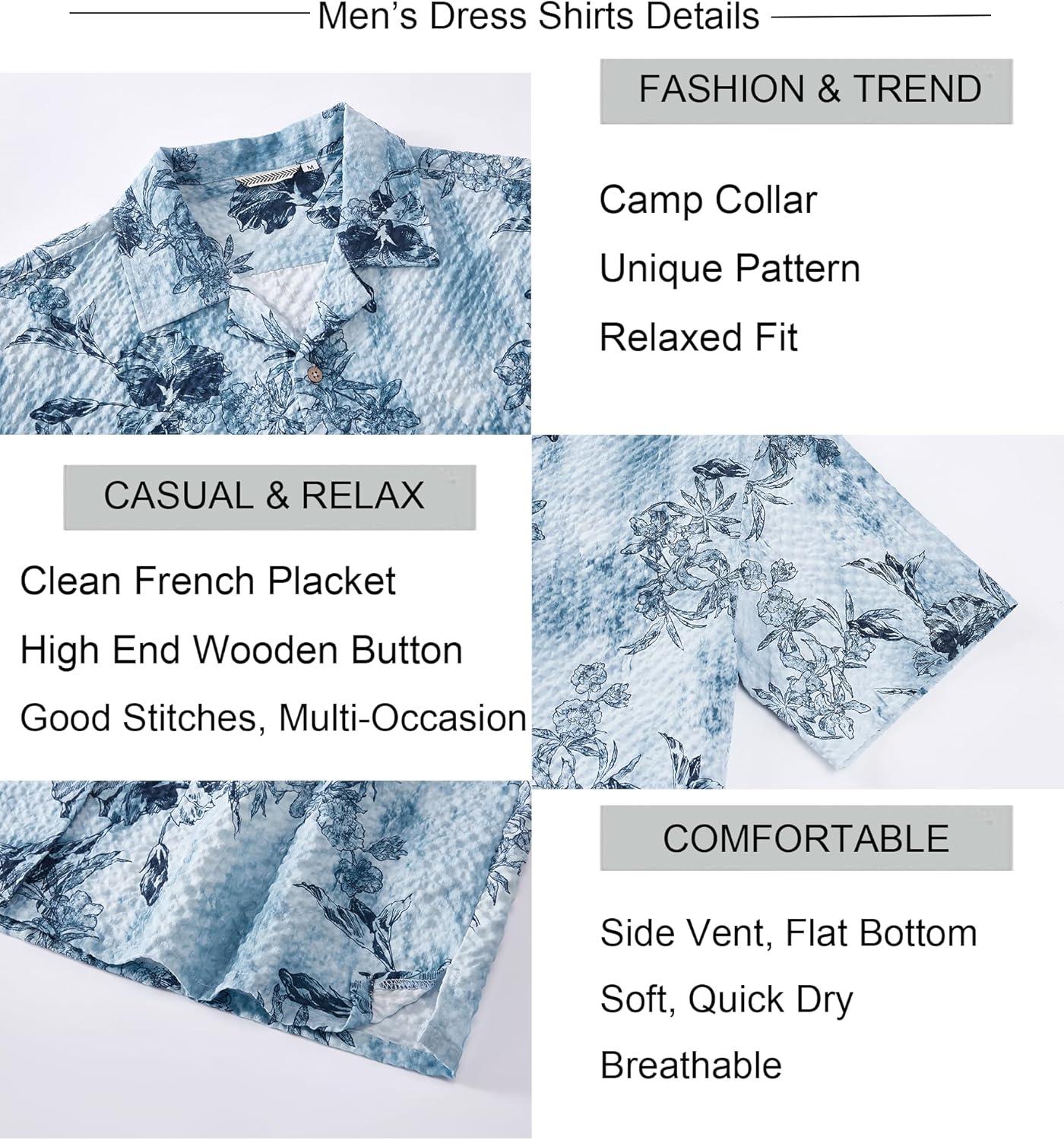 imageAlex Vando Mens Seersucker Print Button Down Short Sleeve Summer Beach ShirtsBlue W Navy Flower