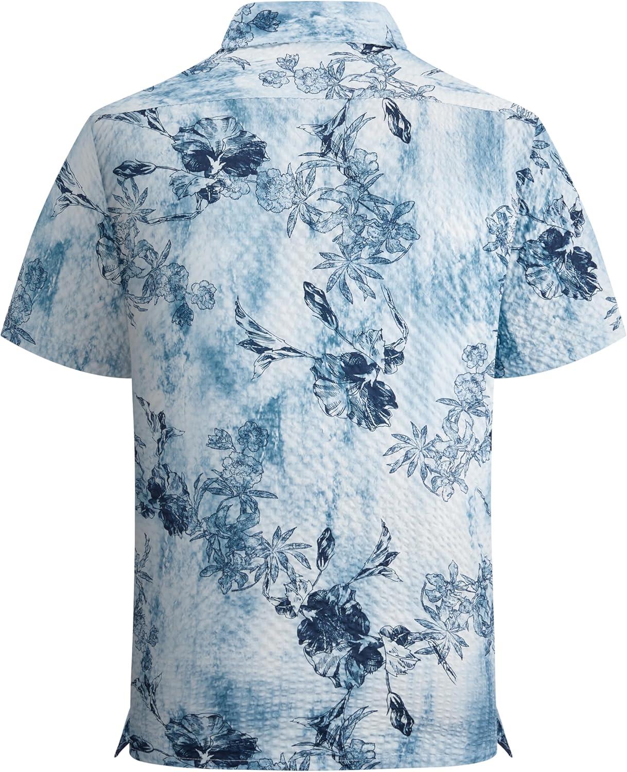 imageAlex Vando Mens Seersucker Print Button Down Short Sleeve Summer Beach ShirtsBlue W Navy Flower
