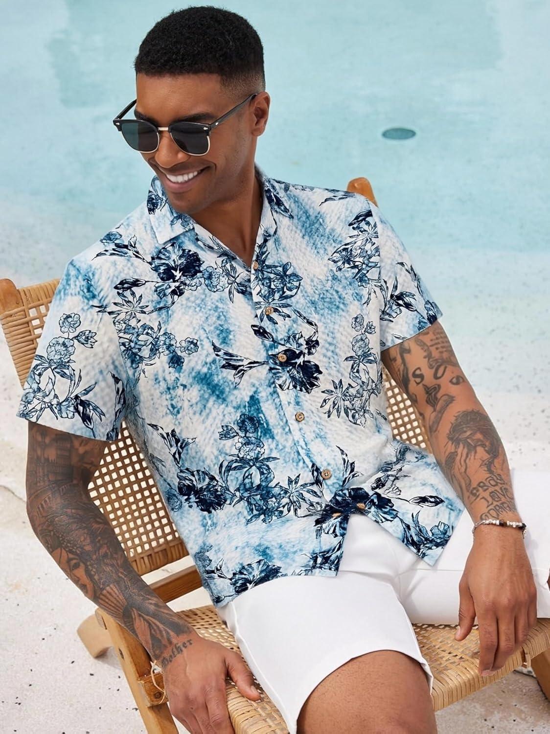 imageAlex Vando Mens Seersucker Print Button Down Short Sleeve Summer Beach ShirtsBlue W Navy Flower