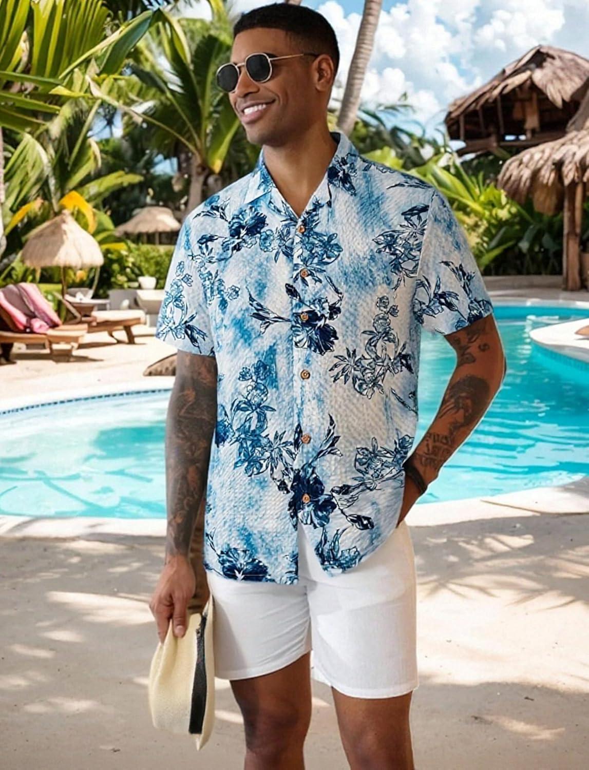 imageAlex Vando Mens Seersucker Print Button Down Short Sleeve Summer Beach ShirtsBlue W Navy Flower
