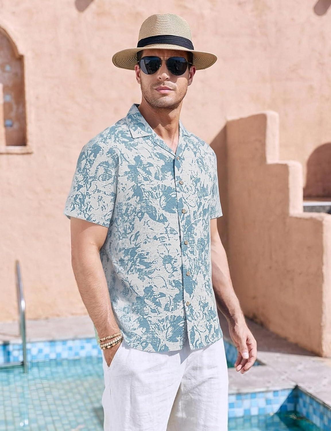 imageAlex Vando Mens Seersucker Print Button Down Short Sleeve Summer Beach ShirtsGrey W Blue Flower
