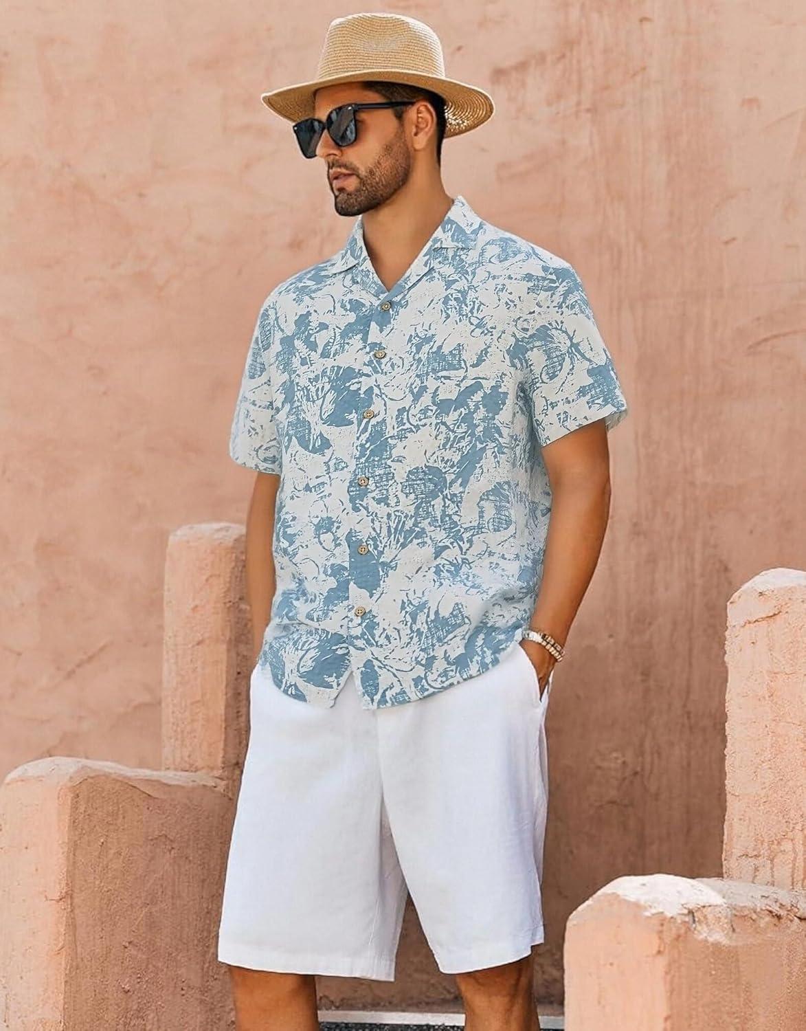 imageAlex Vando Mens Seersucker Print Button Down Short Sleeve Summer Beach ShirtsGrey W Blue Flower