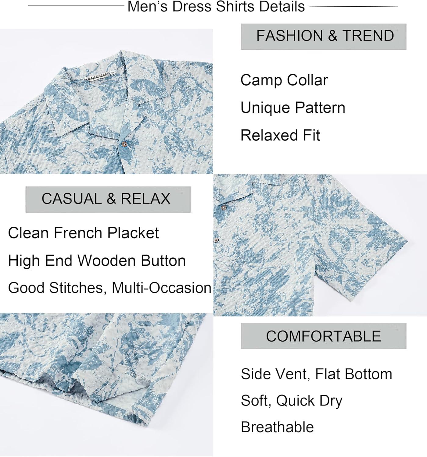 imageAlex Vando Mens Seersucker Print Button Down Short Sleeve Summer Beach ShirtsGrey W Blue Flower