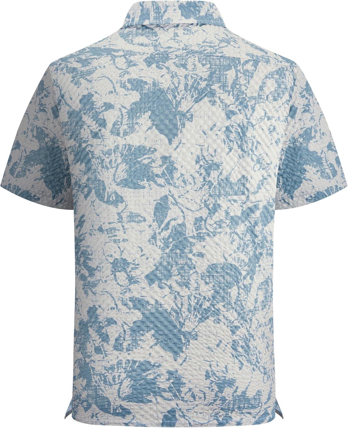 imageAlex Vando Mens Seersucker Print Button Down Short Sleeve Summer Beach ShirtsGrey W Blue Flower