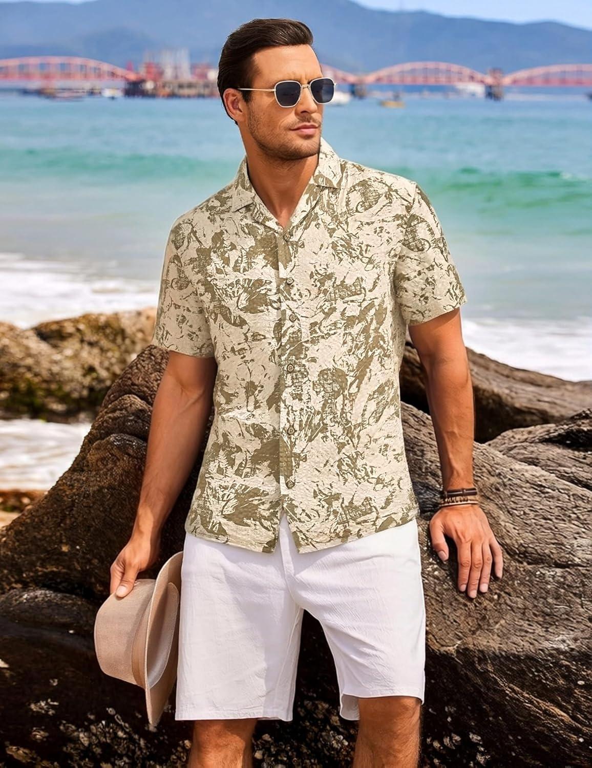 imageAlex Vando Mens Seersucker Print Button Down Short Sleeve Summer Beach ShirtsKhaki Flower