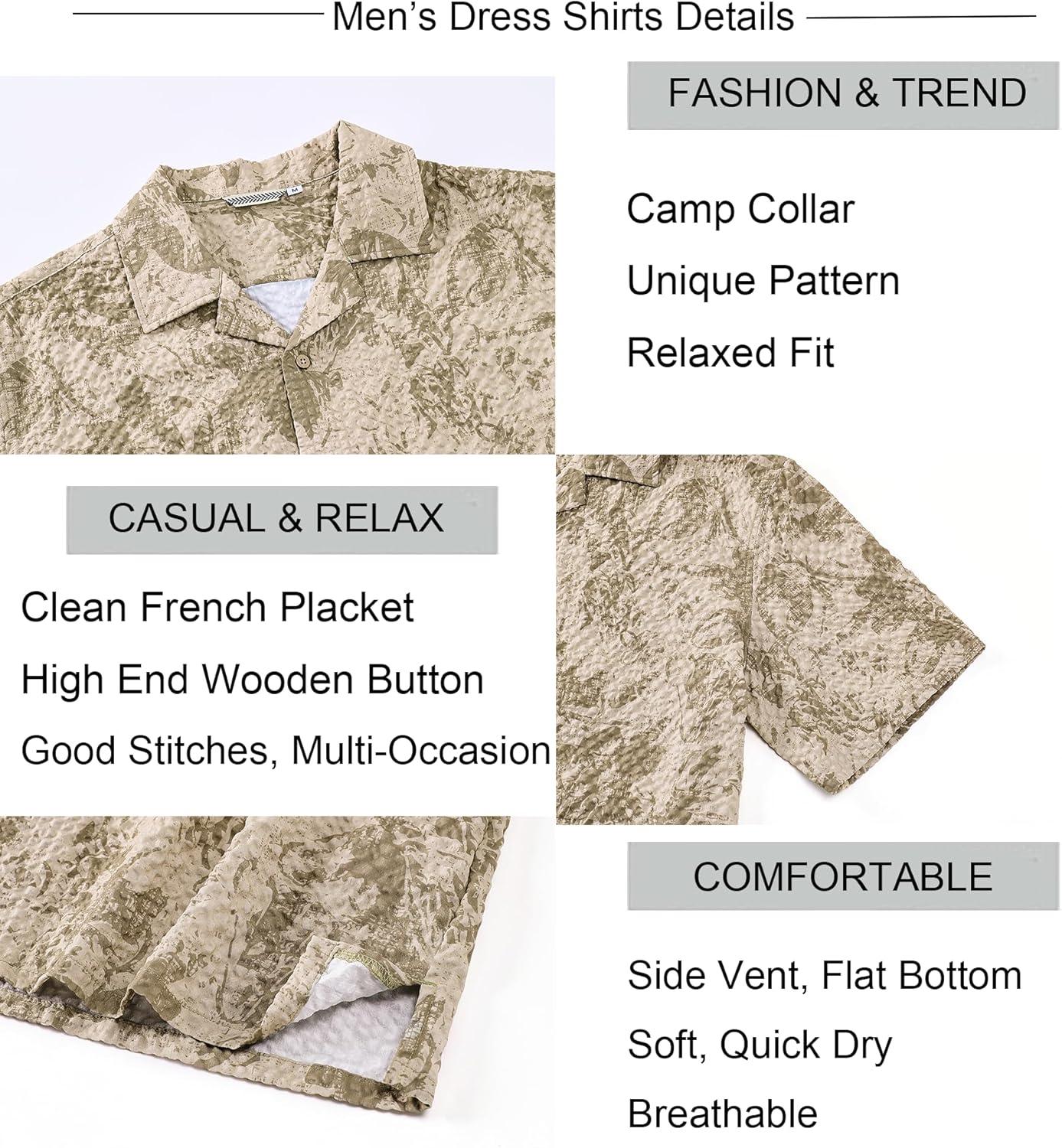 imageAlex Vando Mens Seersucker Print Button Down Short Sleeve Summer Beach ShirtsKhaki Flower