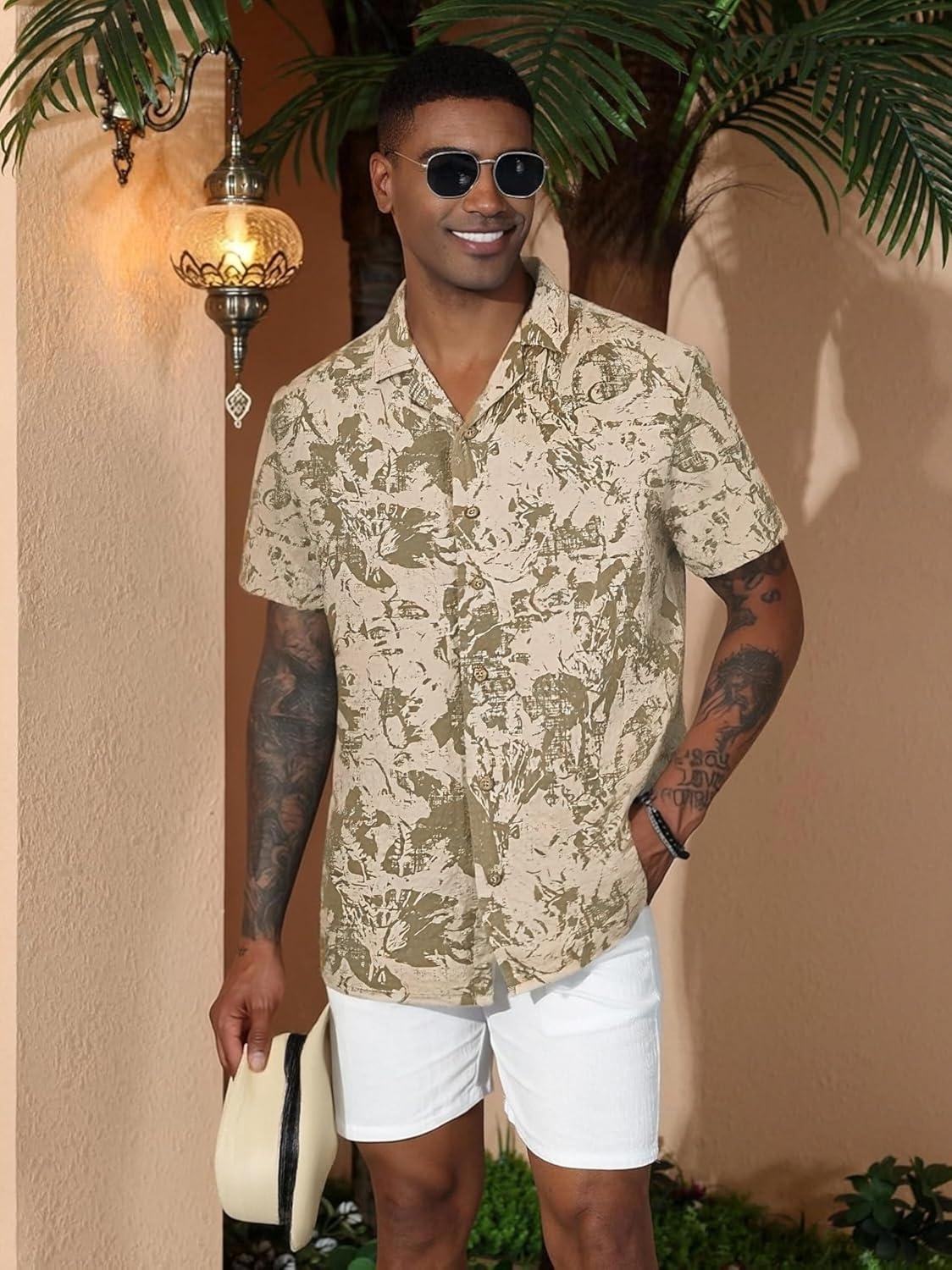 imageAlex Vando Mens Seersucker Print Button Down Short Sleeve Summer Beach ShirtsKhaki Flower