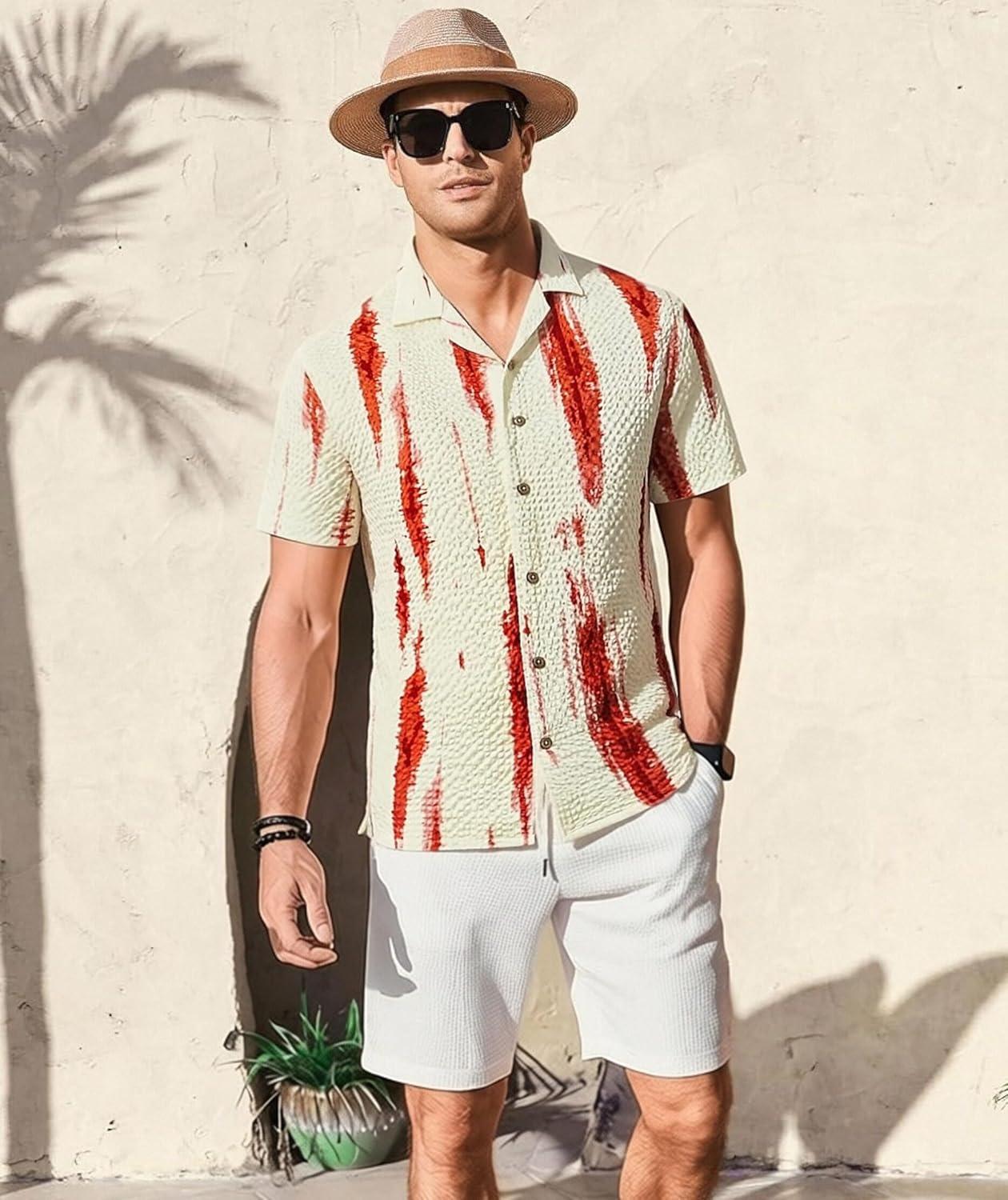 imageAlex Vando Mens Seersucker Print Button Down Short Sleeve Summer Beach ShirtsOrange Dye