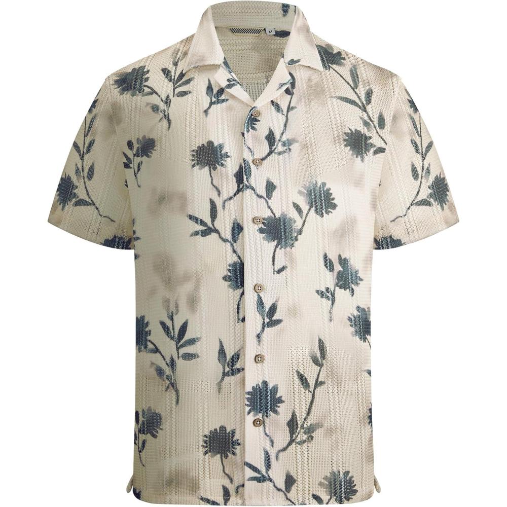 imageAlex Vando Mens Lace Shirt Short Sleeve SeeThrough Pattern Summer Beach Button Down ShirtBeige Black Flower