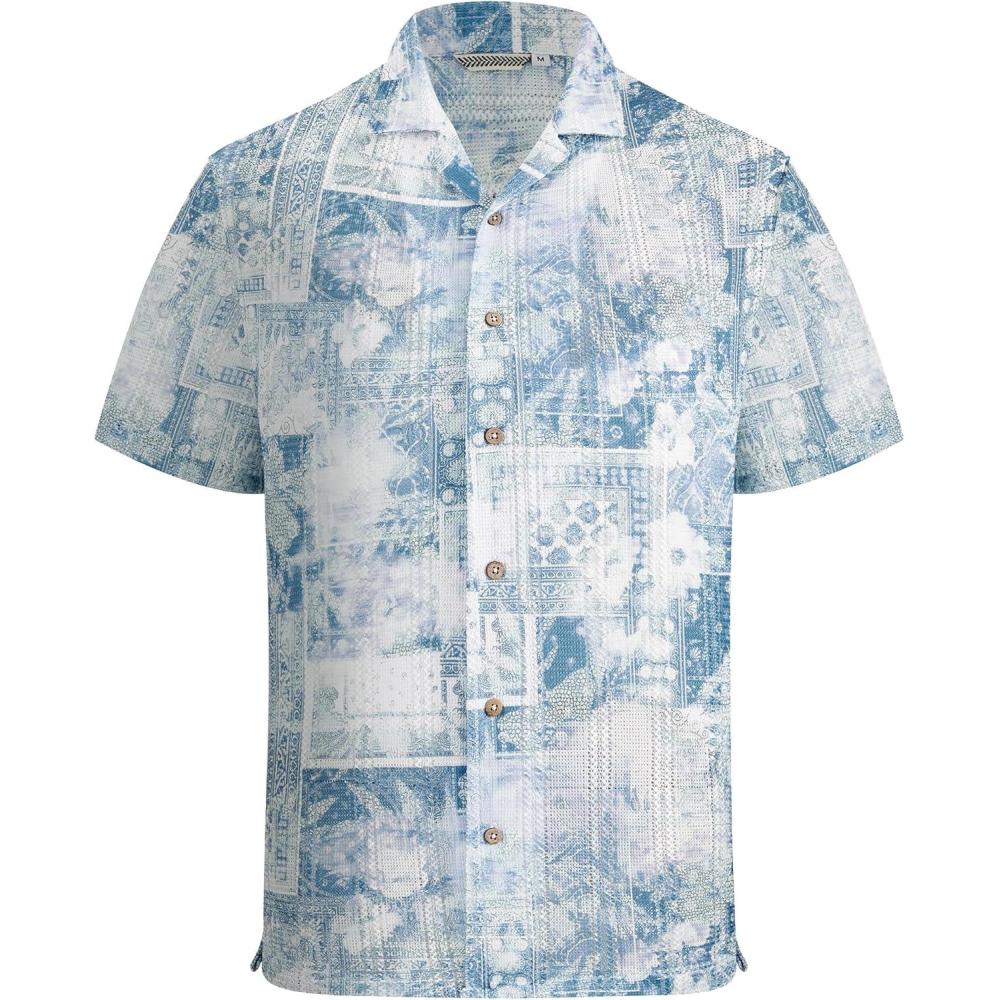 imageAlex Vando Mens Lace Shirt Short Sleeve SeeThrough Pattern Summer Beach Button Down ShirtBlue Dye