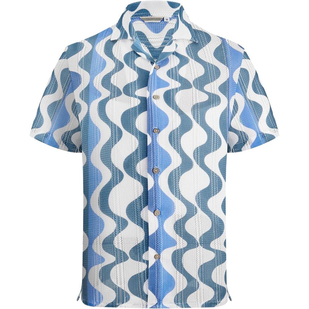 imageAlex Vando Mens Lace Shirt Short Sleeve SeeThrough Pattern Summer Beach Button Down ShirtBlue Wave