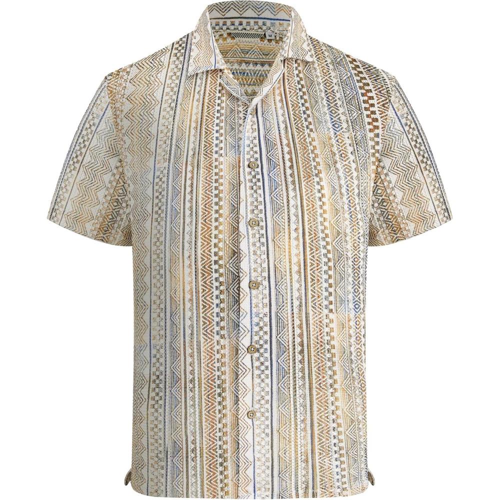 imageAlex Vando Mens Lace Shirt Short Sleeve SeeThrough Pattern Summer Beach Button Down ShirtBrown Line