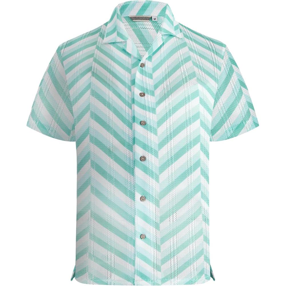 imageAlex Vando Mens Lace Shirt Short Sleeve SeeThrough Pattern Summer Beach Button Down ShirtGreen Herringbone