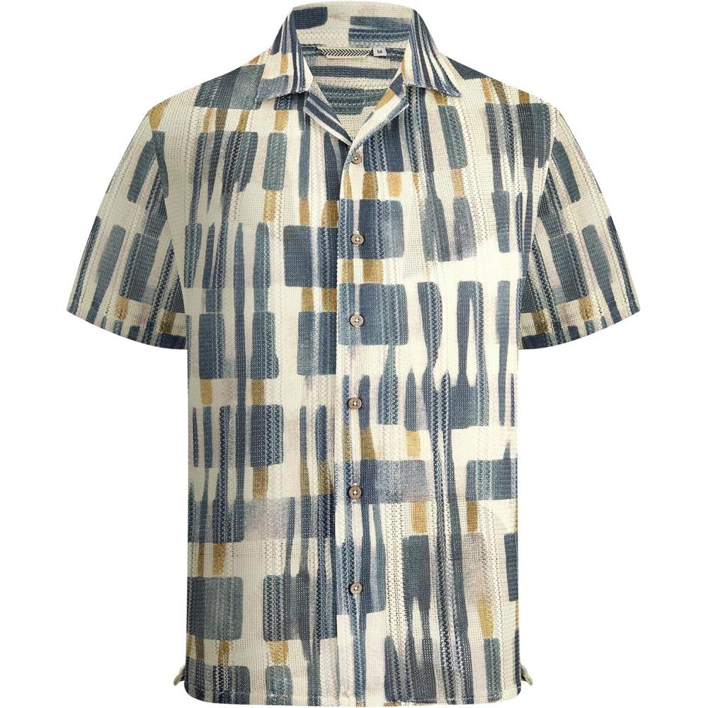 imageAlex Vando Mens Lace Shirt Short Sleeve SeeThrough Pattern Summer Beach Button Down ShirtGrey Geometry