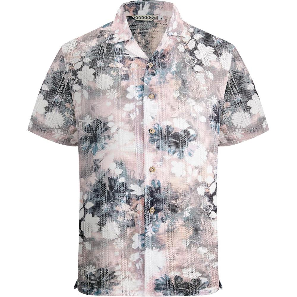 imageAlex Vando Mens Lace Shirt Short Sleeve SeeThrough Pattern Summer Beach Button Down ShirtPink Black Flower