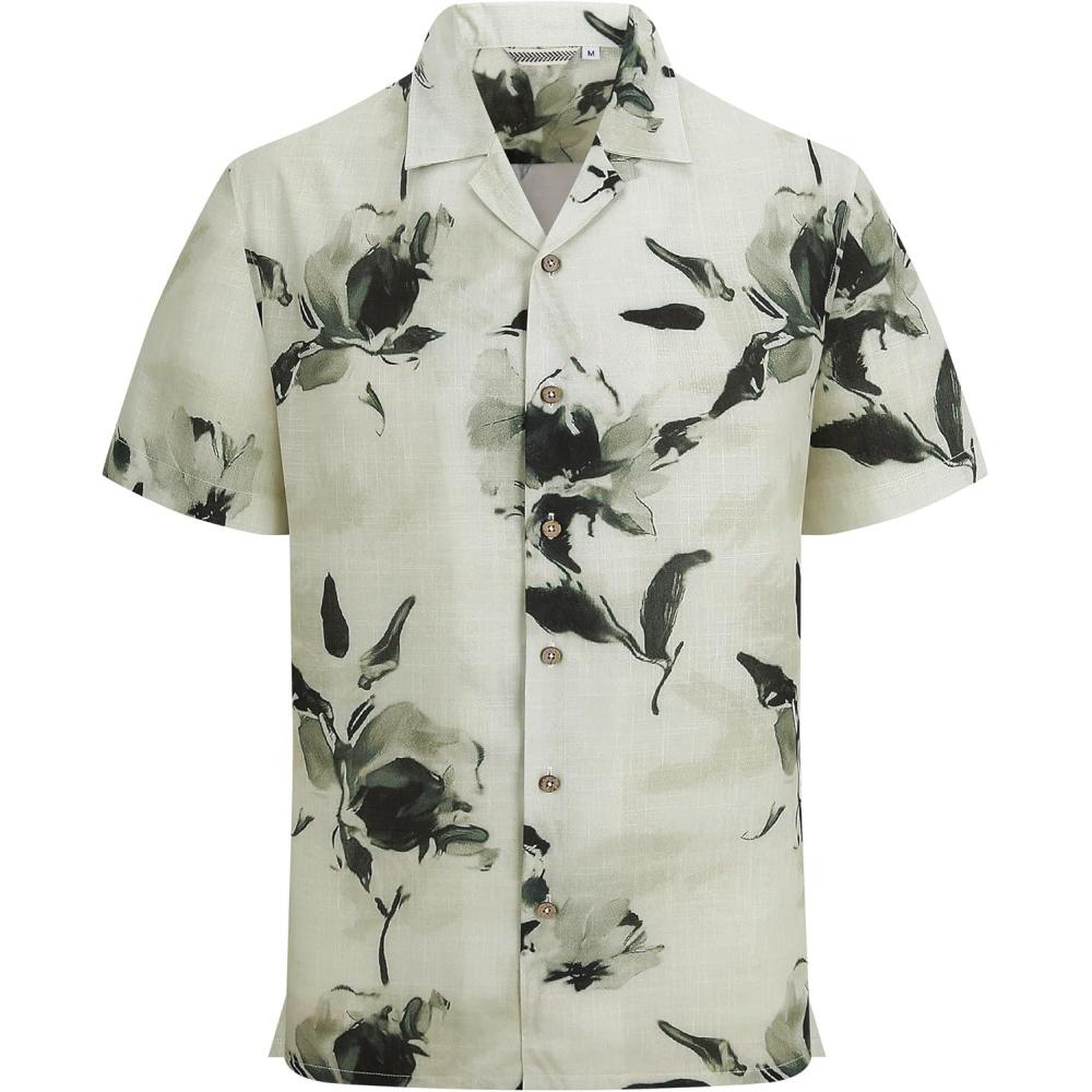 imageAlex Vando Mens Linen Blend Print Shirt Camp Collar Short Sleeve Beach Button Down Shirts MenBeige W Black Flower