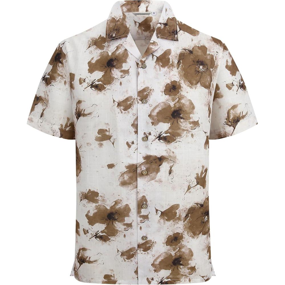 imageAlex Vando Mens Linen Blend Print Shirt Camp Collar Short Sleeve Beach Button Down Shirts MenBeige W Brown Flower