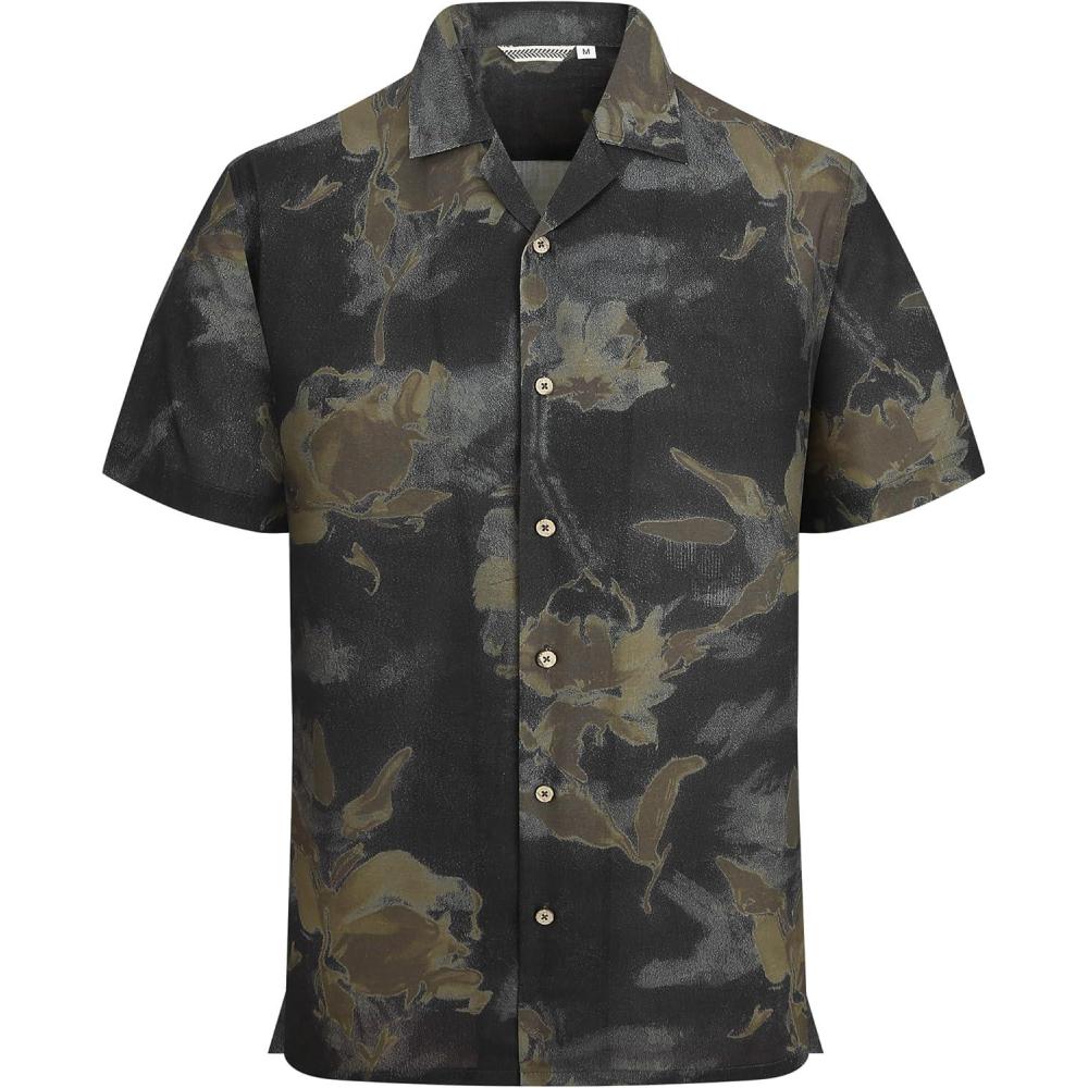 imageAlex Vando Mens Linen Blend Print Shirt Camp Collar Short Sleeve Beach Button Down Shirts MenBlack W Brown Flower