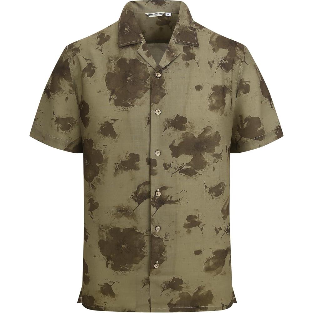 imageAlex Vando Mens Linen Blend Print Shirt Camp Collar Short Sleeve Beach Button Down Shirts MenKhaki W Brown Flower