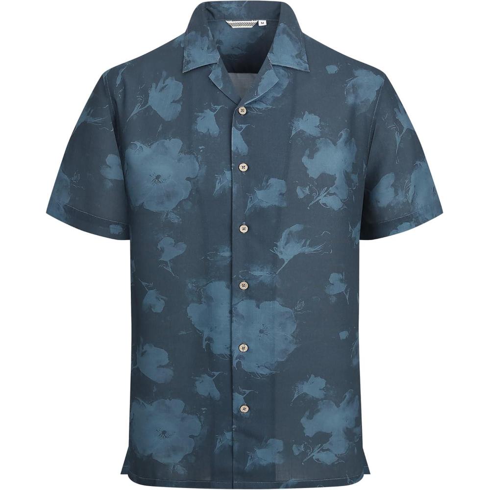 imageAlex Vando Mens Linen Blend Print Shirt Camp Collar Short Sleeve Beach Button Down Shirts MenNavy Flower