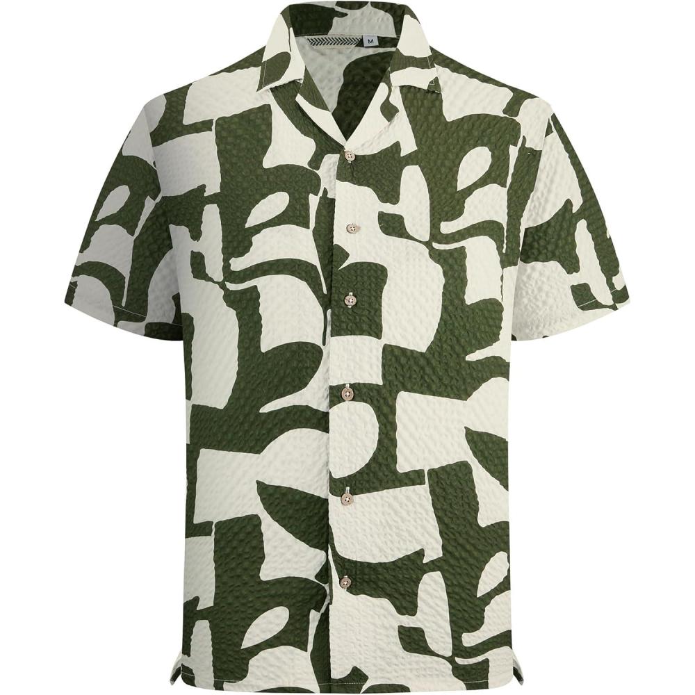 imageAlex Vando Mens Seersucker Print Button Down Short Sleeve Summer Beach ShirtsArmy Geometry