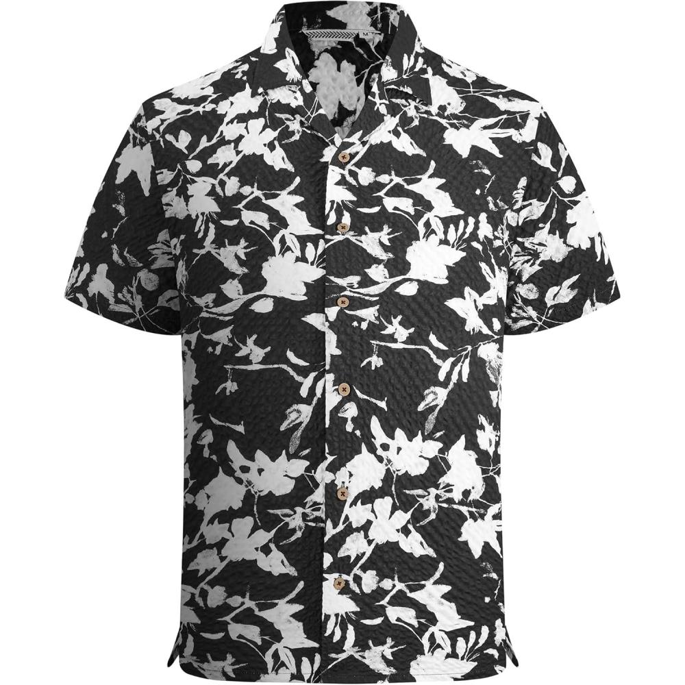 imageAlex Vando Mens Seersucker Print Button Down Short Sleeve Summer Beach ShirtsBlack Leaf