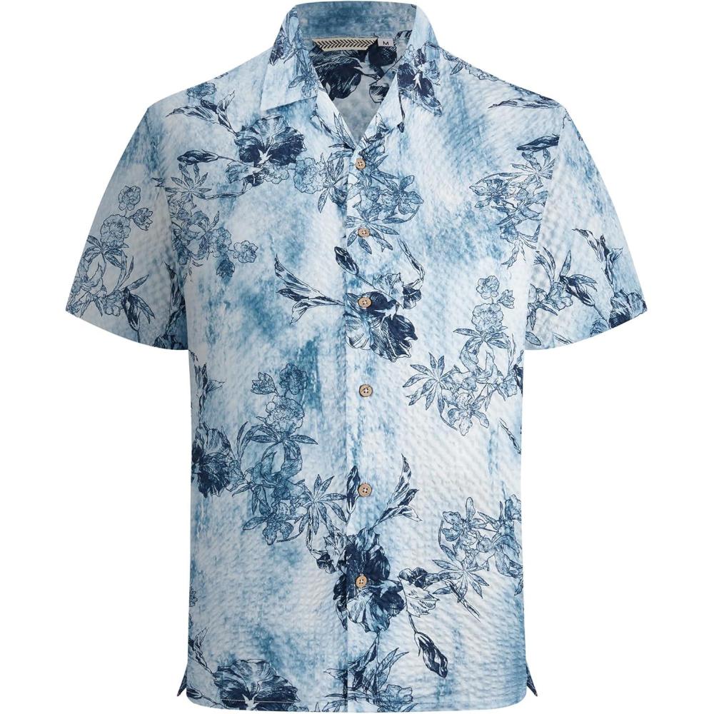 imageAlex Vando Mens Seersucker Print Button Down Short Sleeve Summer Beach ShirtsBlue W Navy Flower