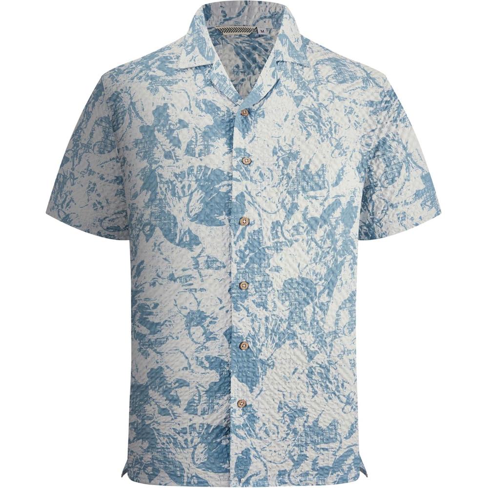 imageAlex Vando Mens Seersucker Print Button Down Short Sleeve Summer Beach ShirtsGrey W Blue Flower