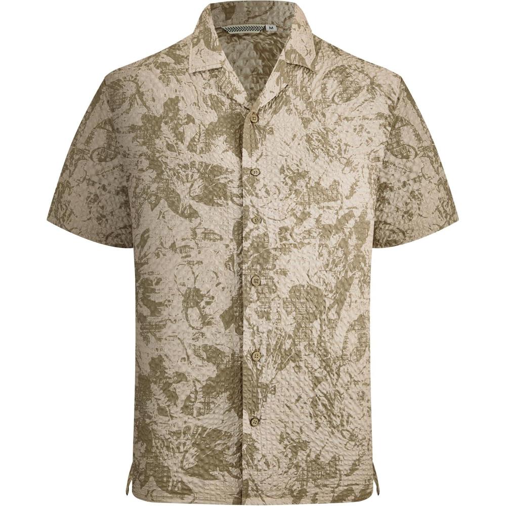 imageAlex Vando Mens Seersucker Print Button Down Short Sleeve Summer Beach ShirtsKhaki Flower