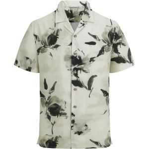 Alex Vando Mens Linen Blend Print Shirt Camp Collar Short Sleeve Beach Button Down Shirts Men(Beige W/ Black Flower)