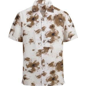 Alex Vando Mens Linen Blend Print Shirt Camp Collar Short Sleeve Beach Button Down Shirts Men(Beige W/ Brown Flower)