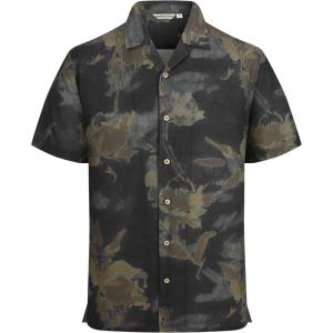 Alex Vando Mens Linen Blend Print Shirt Camp Collar Short Sleeve Beach Button Down Shirts Men(Black W/ Brown Flower)