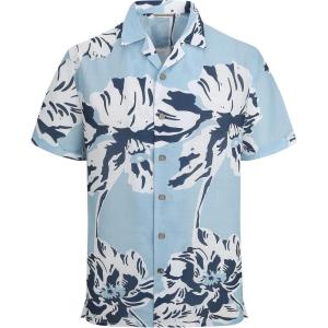 Alex Vando Mens Linen Blend Print Shirt Camp Collar Short Sleeve Beach Button Down Shirts Men(Blue W/ White Flower)