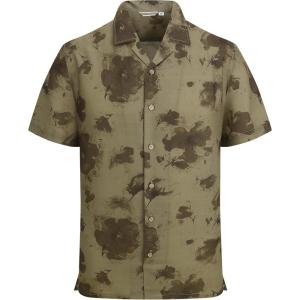 Alex Vando Mens Linen Blend Print Shirt Camp Collar Short Sleeve Beach Button Down Shirts Men(Khaki W/ Brown Flower)