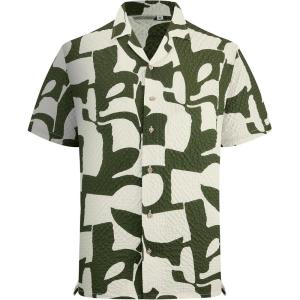 Alex Vando Mens Seersucker Print Button Down Short Sleeve Summer Beach Shirts(Army Geometry)