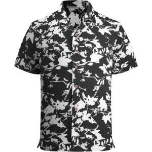 Alex Vando Mens Seersucker Print Button Down Short Sleeve Summer Beach Shirts(Black Leaf)