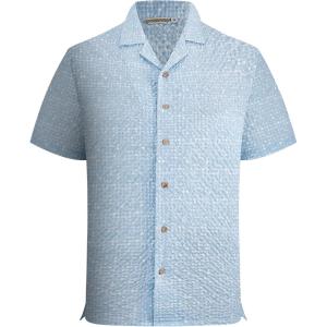 Alex Vando Mens Seersucker Print Button Down Short Sleeve Summer Beach Shirts(Blue W/ White Dots)