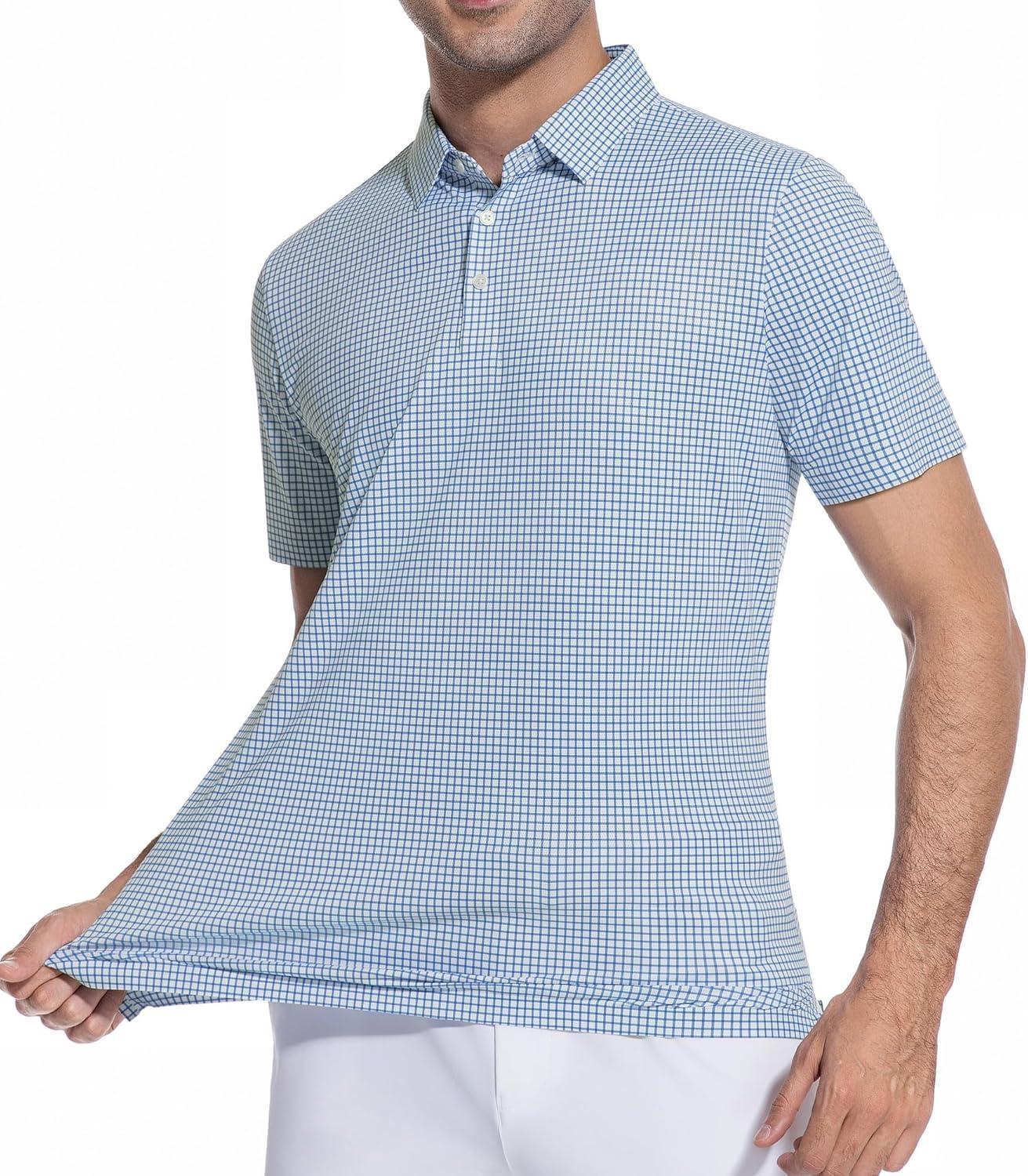 imageAlex Vando Mens Check Print Golf Shirt Cooling Stretch Short Sleeve Shirt for Golf Work amp CasualBlue Check