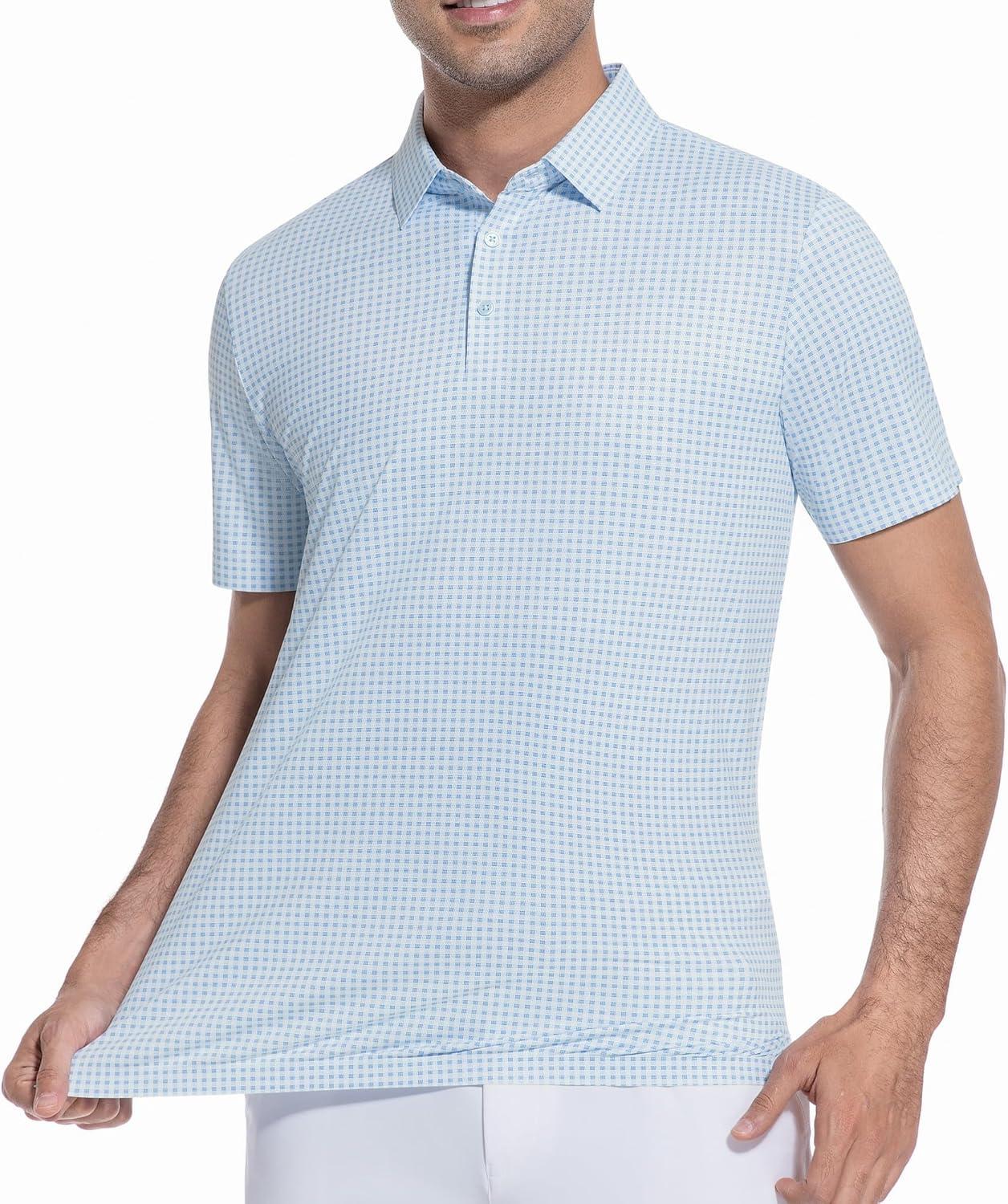 imageAlex Vando Mens Check Print Golf Shirt Cooling Stretch Short Sleeve Shirt for Golf Work amp CasualBlue Dots Check