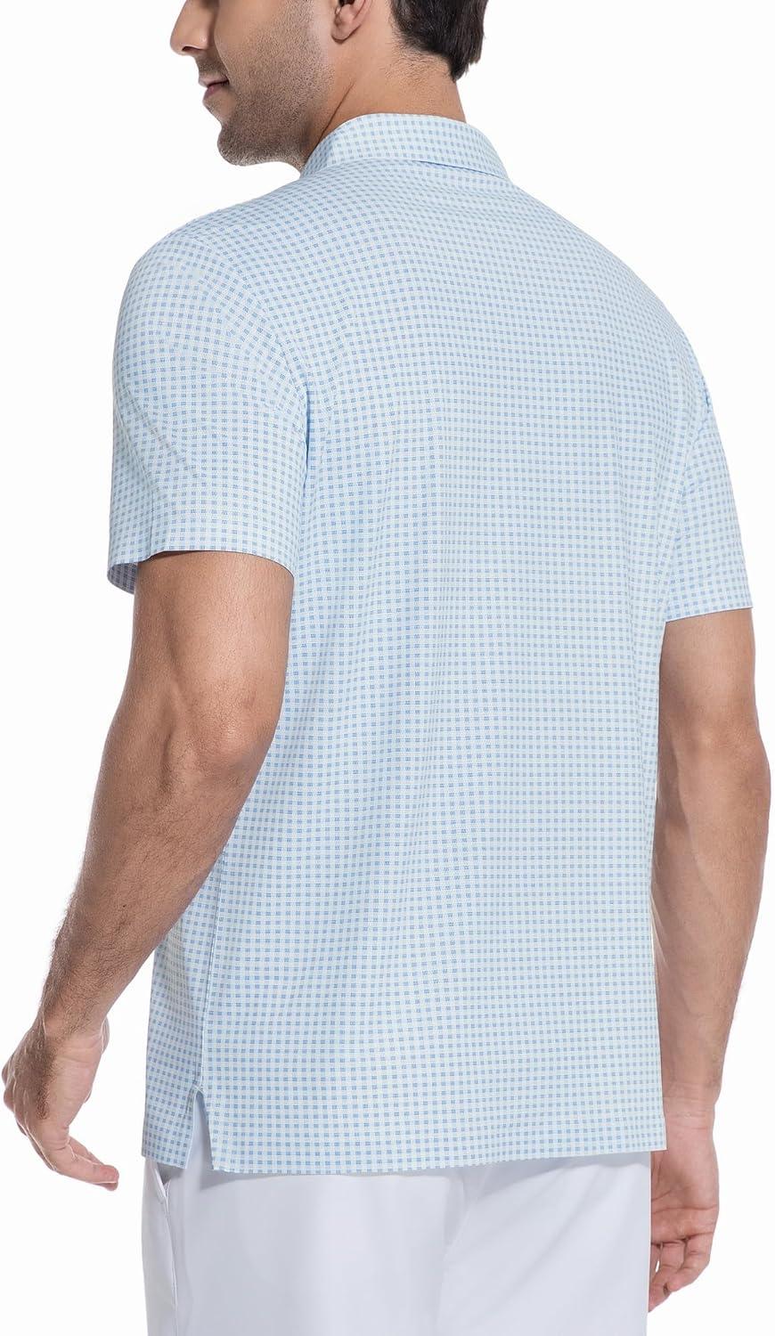 imageAlex Vando Mens Check Print Golf Shirt Cooling Stretch Short Sleeve Shirt for Golf Work amp CasualBlue Dots Check