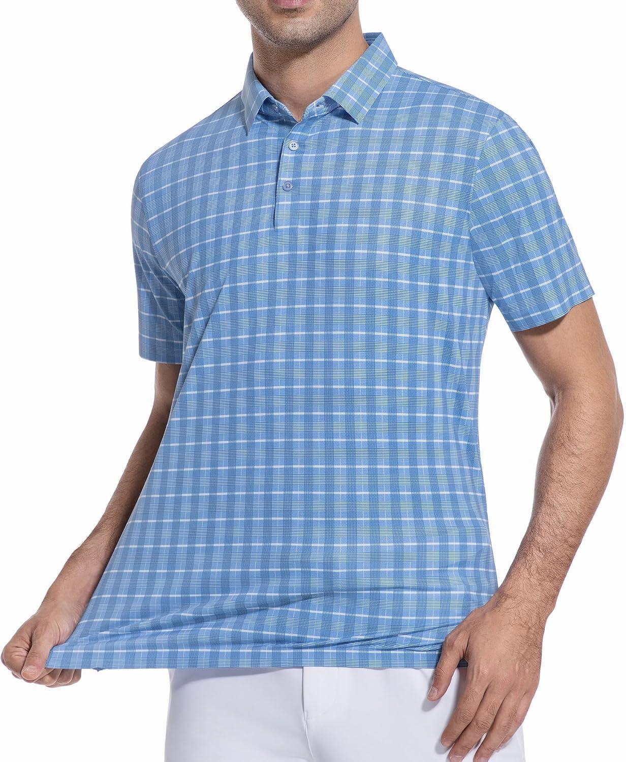 imageAlex Vando Mens Check Print Golf Shirt Cooling Stretch Short Sleeve Shirt for Golf Work amp CasualBlue White Check